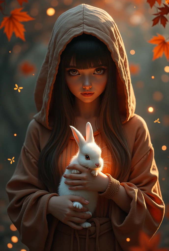 awesome reflections, autumn style，Best reflections. (Very Detailed CG unity wallpaper 8k), (Best Quality), (best illustrations), (best shadows), (night gloomy background, Gloomy and hopeless, dark dramatic lighting, vignette), realistic eyes, beautiful face, 1A girl with a perfect body, with a white rabbit in his hands, with long, straight hair, Generous neckline, She wears a veil with a hood on her head, ((perfect anatomy)), Gothic, burnt orange gradient, surrounded by tender leaves and branches, with fireflies and glowing particle effects, (natural elements), (leaves), (small firewood), (Fireflies), butterflies, (Tender leaves), (glow), (particle fx). , Fantasy Art, bokeh, Octane rendering, ray tracing, Overdetailing. terror, Fantastic, creepy, Scarimok a feeling of sophistication and tranquility.. The overall aesthetic should be elegant and stylish.., making it suitable for branding and logos..