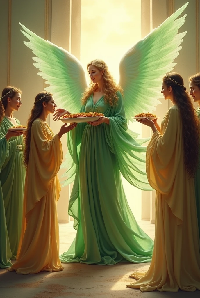 Engle serving food to the heaven men on green dress