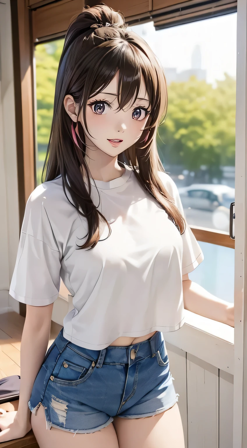 ((The upper body of a young woman is displayed on the screen of a smartphone))。young woman with long dark hair, (Ample breasts). He is wearing a short-sleeved white T-shirt and denim shorts,