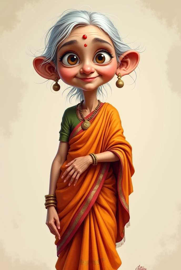 Indian cute women carricature but structure of a kid ,wearing saree around 60 years of age.