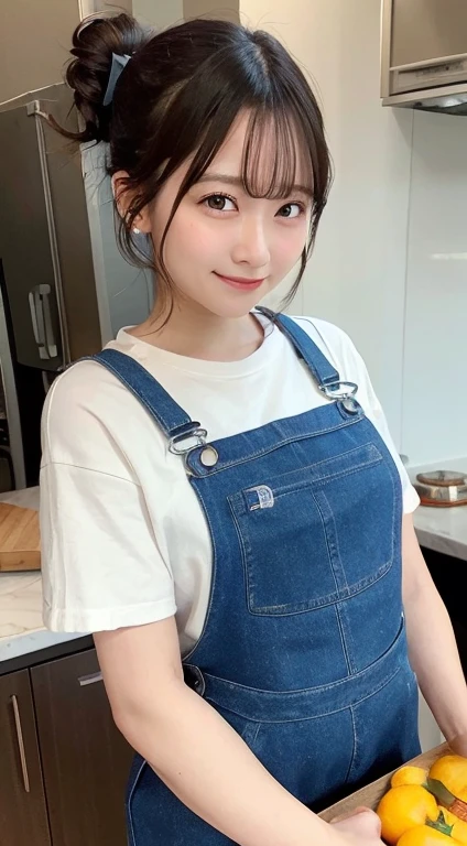 A woman who cooks、(Kitchen_overalls:1.Wear 3)、4K、A high resolution、tmasterpiece、top-quality、((hasselblad photograph))、Fine skin、sharp focus、(lighting like a movie)、Soft lighting、overhead shot、[:(Detailed face:1.2):0.2]、Medium chest、sweat pouring down the skin:1.2、(((In the kitchen))) A smile　Viewer's perspective　huge tit　Ponytail