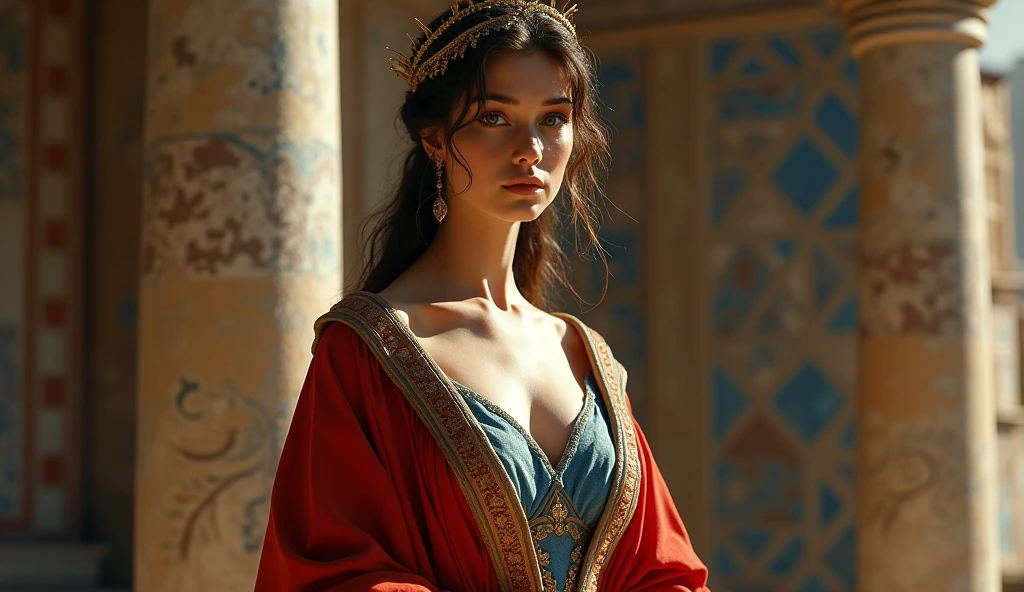 beautiful ancient greek queen, full slim figure, fair skin, wearing red or blue dress, Renaissance painting HD cinematic 