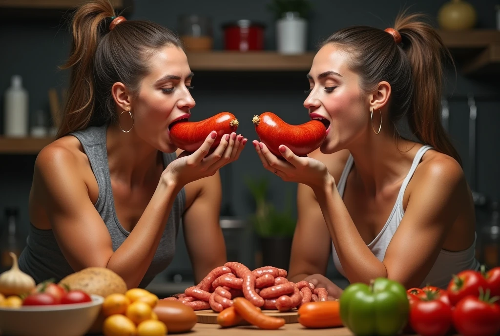 Heaps of food in both hands,muscular women Eating penis shaped sausage battle contest,in kitchen stadium,