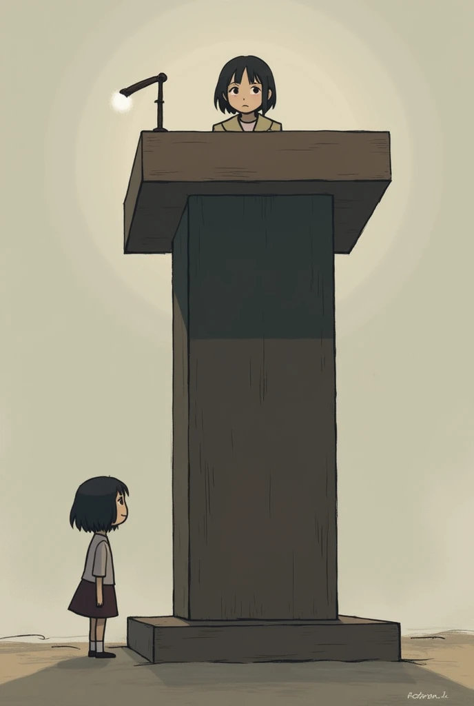 A big podium and small sad girl standing behind it