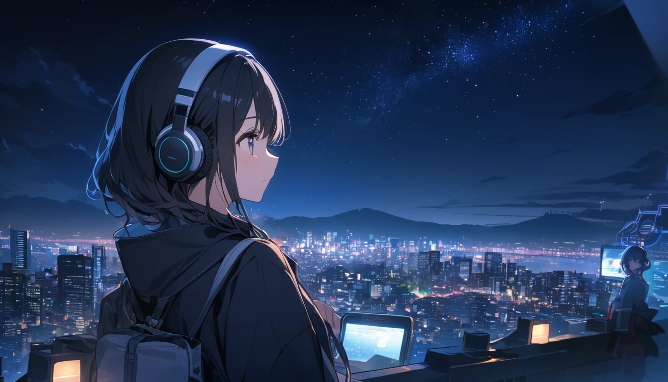 A black-haired woman looking out over the city of Tokyo,Night starry sky,Streetscape、listen to music、Japanese