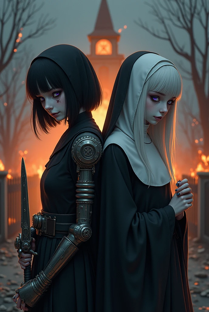 Two pale middle-aged girls back to back with violet eyes, with the one on the left wearing dark alchemist clothes and with the left arm with a steampunk prosthesis holding a dagger with the symbol of Baphomet, short black hair with a cut on the face, and the one on the right in white nun&#39;s clothes holding a rosary with closed eyes and long white hair with a church in flames behind at nightfall.