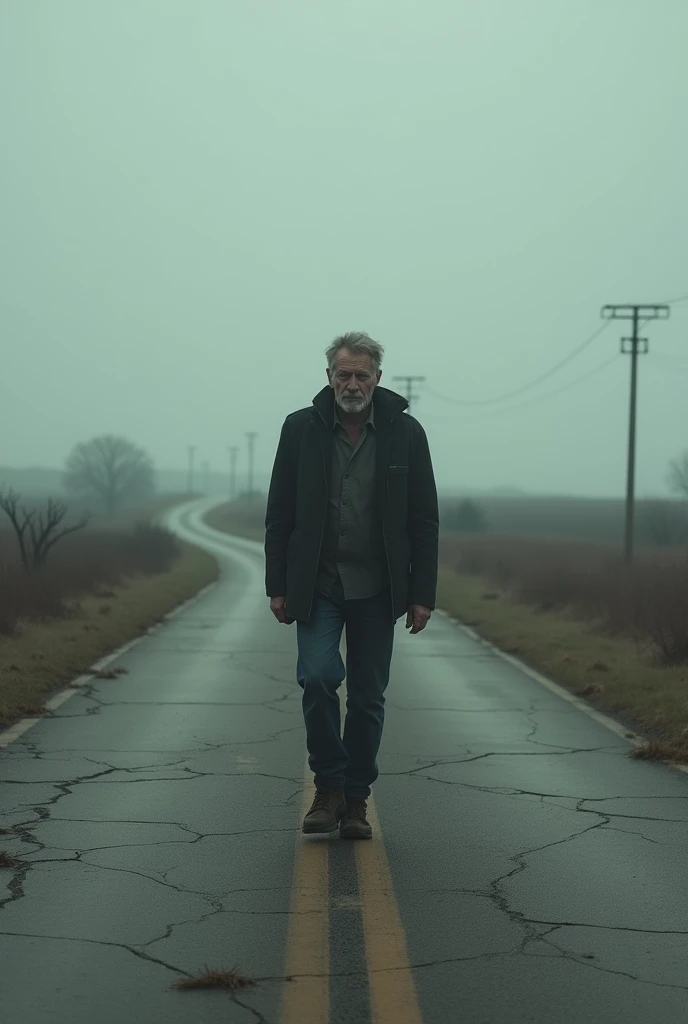 a middle aged man, with a tired expression, walks along a barren and lonely road. The path seems endless, the dark and cloudy sky. generates an image