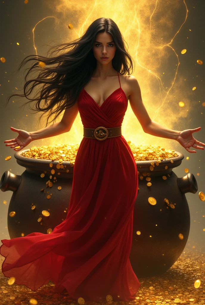 A woman with long, flowing black hair in front of a large pot of coins, wearing a red dress and a thick belt, with both hands picking up coins and energy coming out of the pot. 