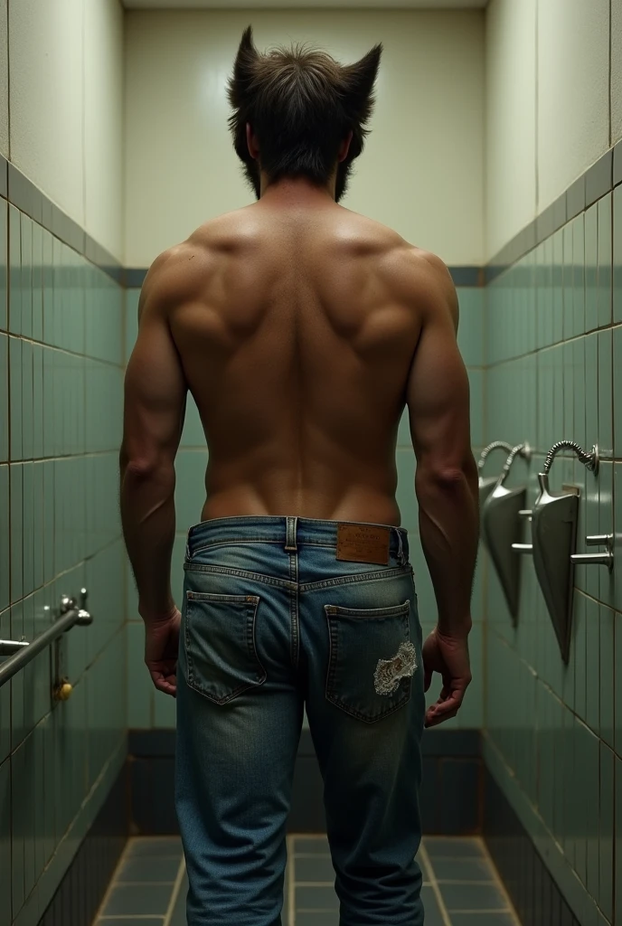 the wolverine with his cock out of his jeans zipper taking a piss at the urinal