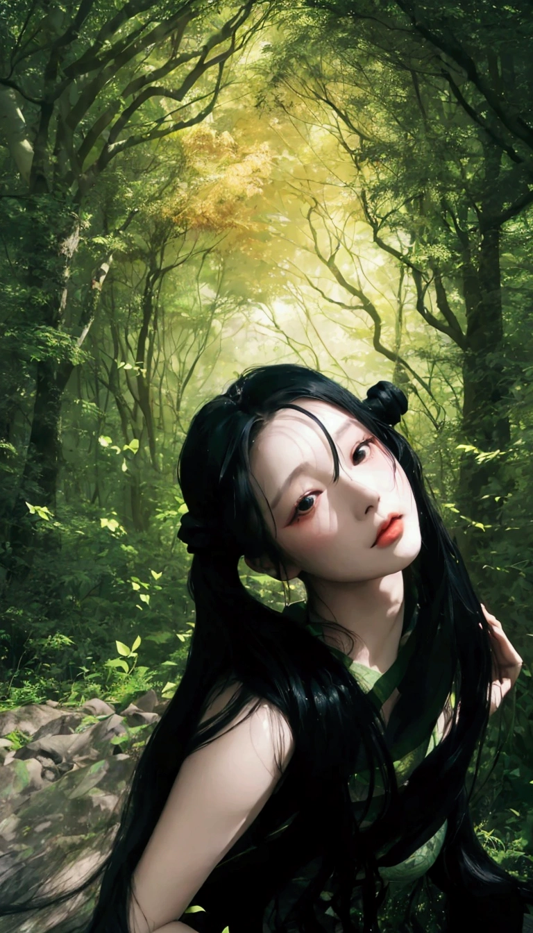there is a woman with long black hair posing in a forest, inspired by Ai Xuan, forest soul, forest fae, goddess of the forest, portrait of a fairy, forest fairy, inspired by Tang Yifen, inspired by Chen Lin, artwork in the style of guweiz, jingna zhang, digital fantasy portrait, beautiful avatar pictures, in a magical forest