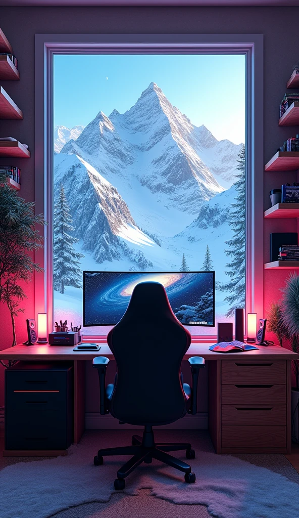 A gaming room with a breathtaking view of snow-covered mountains right behind your monitor. The large windows let in the cold, crisp atmosphere, making you feel connected to the rugged landscape outside. The room is centered around a top-of-the-line gaming chair and a curved monitor, both illuminated by cool-toned RGB lighting that mimics the icy environment. Shelves on the walls hold a collection of video game cassettes, neatly organized alongside a few alpine-themed collectibles. The sound of wind howling outside adds to the immersive cold mountain vibe, creating a perfect contrast to the warmth inside the ultimate gaming retreat.