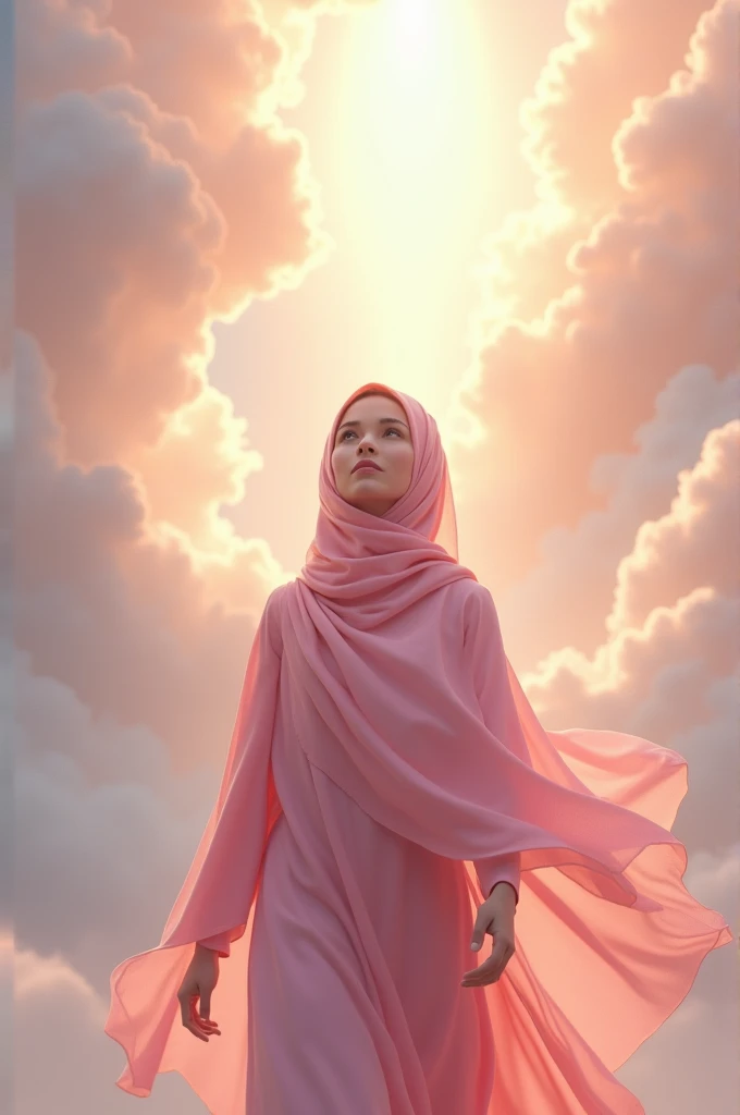 Girl in pink hijab is walking to heaven
