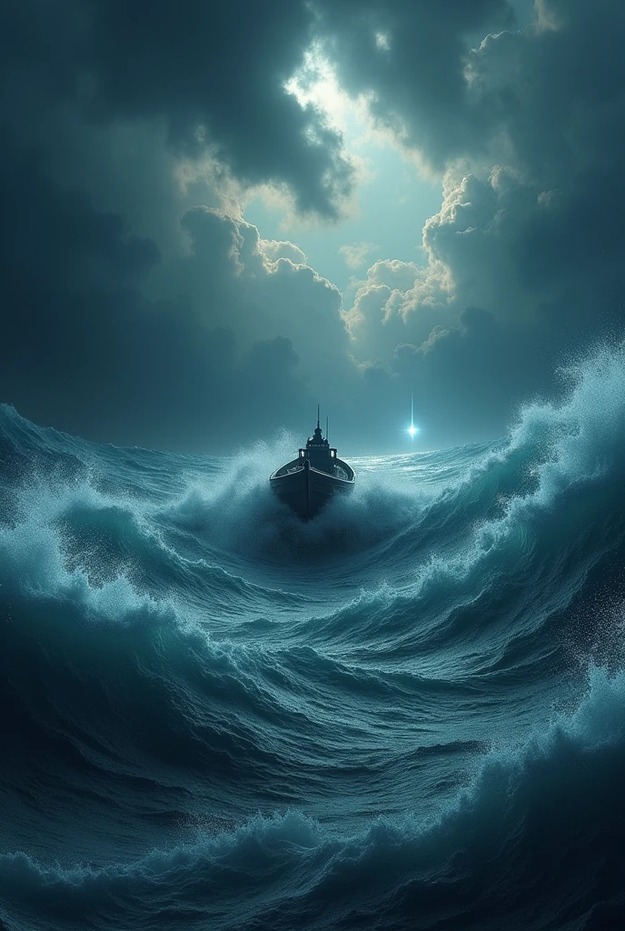 Rising Above the Storm: "A small boat braving turbulent waves in the middle of a stormy sea, representing courage and the will to overcome adversity. The boat, though tiny against the vastness of the dark, angry ocean, is sturdy and determined, navigating through the waves. The sky above is filled with dark, swirling clouds, but a small patch of clear sky with a bright star is visible in the distance, symbolizing hope and a guiding light. The scene is a powerful reminder of finding strength within to rise above life's storms."