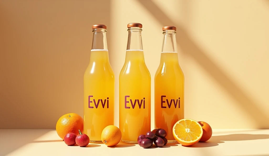 Modélise moi une image 3d de trois bouteilles de jus et quelques fruits posé au pied des bouteilles, avec le nom Evivi naturel inscrit sur les étiquettes collé sur les bouteilles, dans un jolie décor de studio