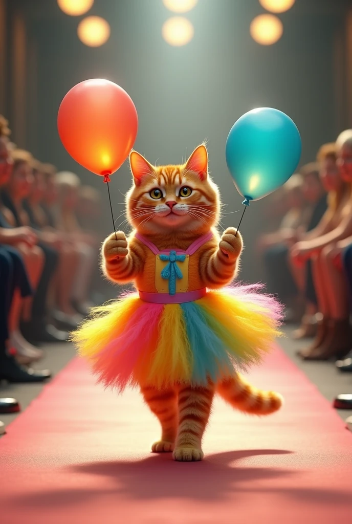 (photorealism:1.2), cute ginger cat, wearing rainbow fluffy dress, balloon on its hands, walking confidently on runway, people sitting on two sides of runway