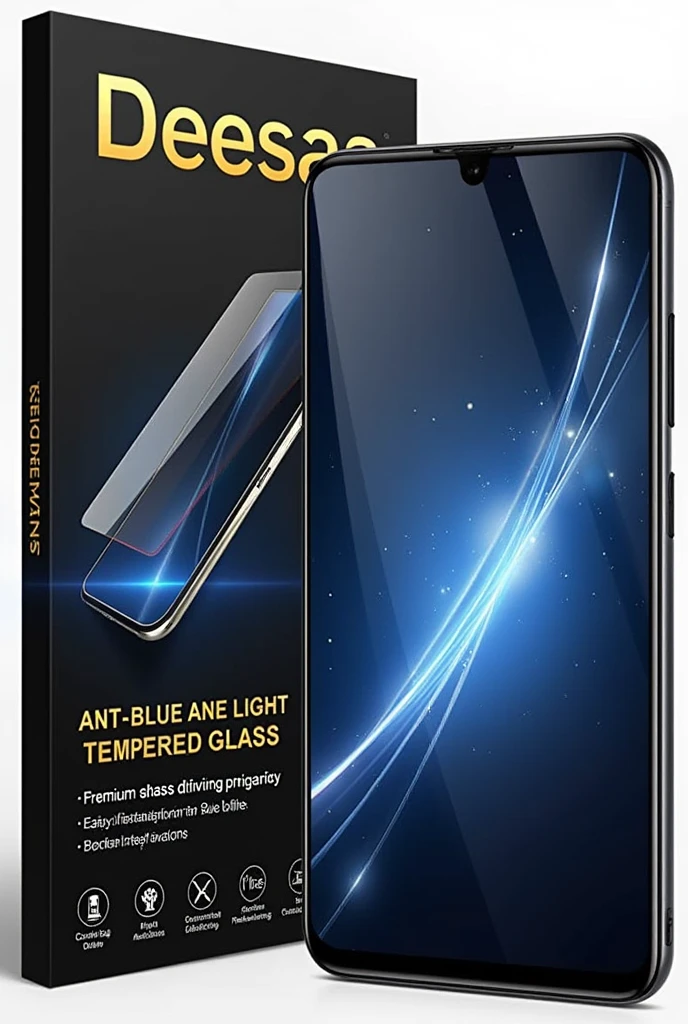 DEESAA anti blue light tempered galss ke liye Packaging box Frunt page colour matt black and gold used for print used this words on front page
1. Premium Anti-Blue Light Tempered Glass
2. Ultimate Eye Protection
3. Crystal Clear & Durable
4. Anti-Glare Technology
5. Easy Installation & Perfect Fit
6. Protect Your Vision
Used DEESAA as brand name