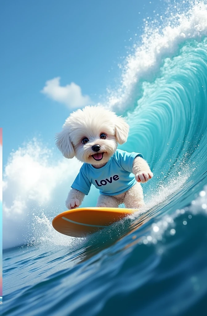 White haired Bichon Frise dog, Black muzzle and black eyes,He is wearing a light blue shirt with the word LOVE written on it., Tube riding on big waves, Surfing at the 2024 Olympics,