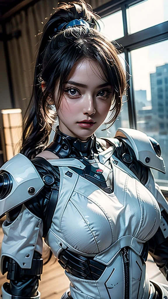 masterpiece, Highest quality, Ultra-realistic, Ultra-detailed, 8k resolution, RAW Photos, Sharp focus, (One person), alone, Gorgeous face, Perfect body, Mature Woman, Age 25,  Portraiture, Mecha, White Armor, Nanosuit, sexy, ponytail, Cinematic, Cinematic light, Large Breasts