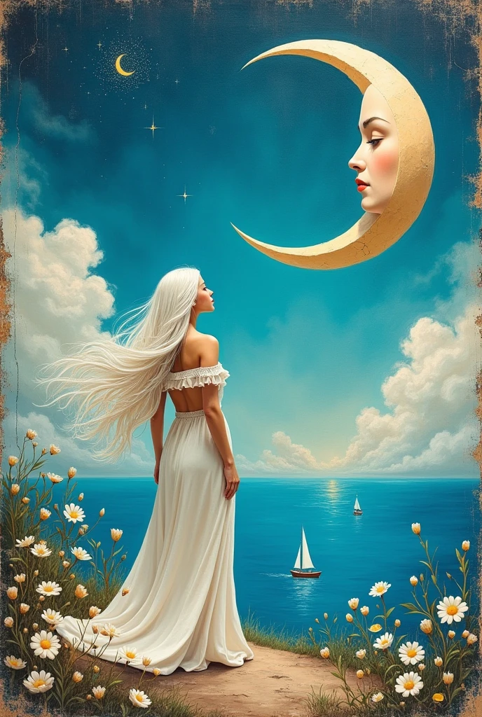 Oil painting cracked vintage canvas art surrealism, bright vibrant indigo blue, teal, white and light beige colors. In the foreground on a small island stands a woman with long white hair and a long off-shoulder gown blowing in the wind, adorned with flowers. She'l looking over the ocean with small boats sailing on it in the distance. A 3D crescent moon with a female face adorns the sky, amidst twinkling stars and clouds. the focus is on the cracked textures and the 3-dimensional highlighted figures of the woman and the moon that appear like a mixed media collage. Soft light illuminates the dreamlike scene.