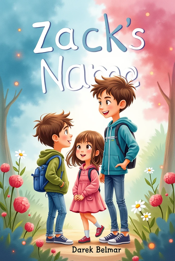 Create a book cover with the colors blue, pink and green, with two boys and a girl in the background, watercolor style, realistic but not detailed, with the title "Zack's name" and the author's name "Darek Belmar" On the bottom.