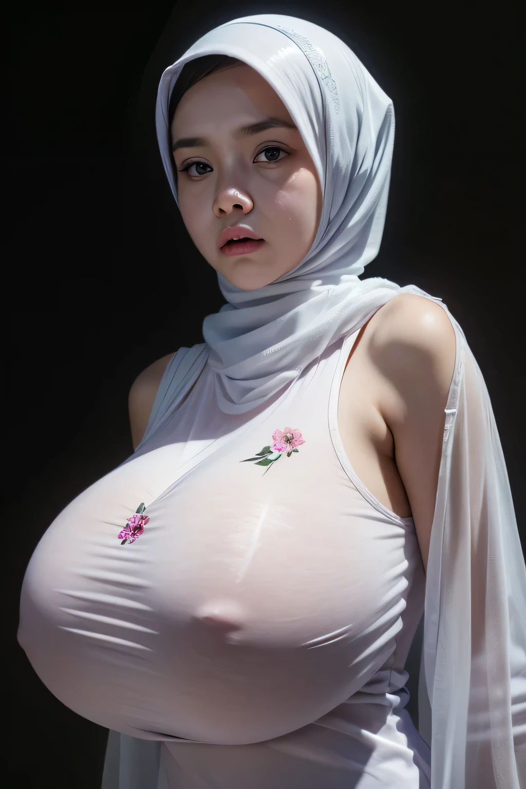 Jumbo (Singlet), Chubby adorable, 1 girl, (face to face), , baby face, angry face expression, half body portrait, (face details: 1), (eye details: 1), ((big breasts)). wearing transparent transparency soft long shirt, hijab, .. Cute posed. proportional body. Ultra High Res. realistic: 1.4, UHD, ((flowers pattern)), ((Bigger:2.3)), (((DARK BACKGROUND)))