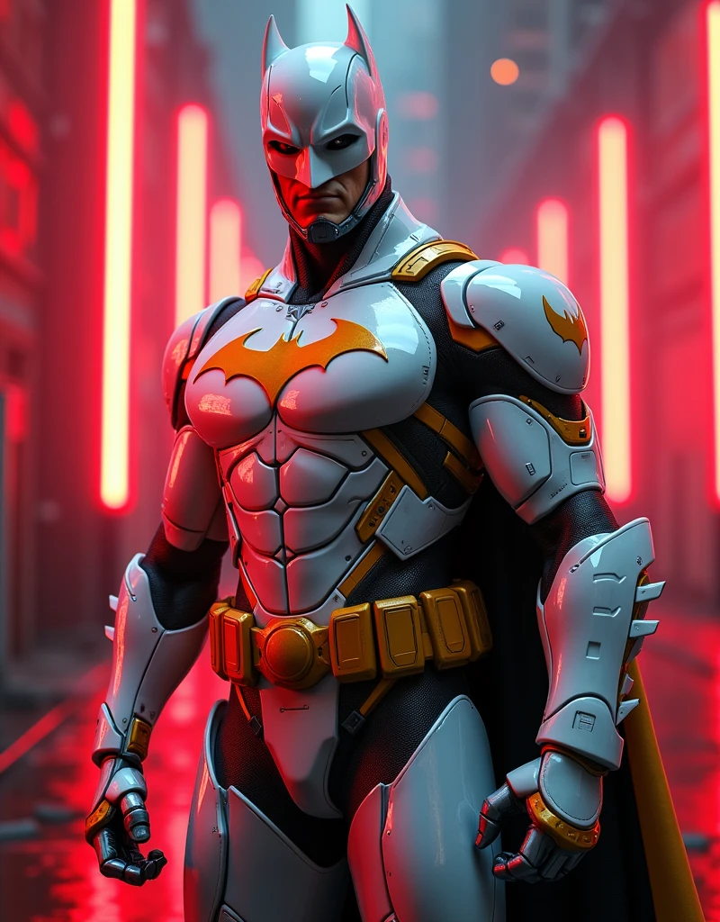 Batman DC UNIVERSE super hero white and golden glossy futuristic neon glowing red lights suit with Armor muscler body cyberpunk 