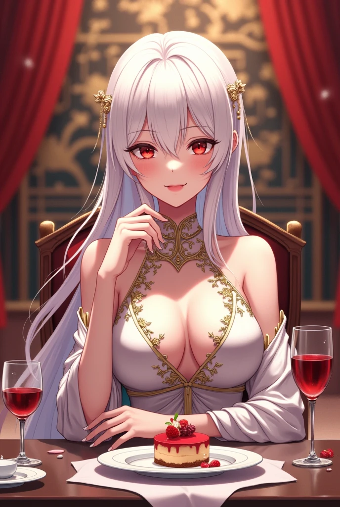 A woman with long white hair and ruby red eyes,Sit down to eat desert and drink wine, anime art, chinese luxury clothes 