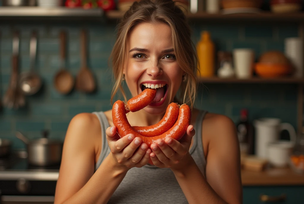 Heaps of food in both hands,muscular woman Eating penis shaped sausage battle contest,in kitchen stadium,