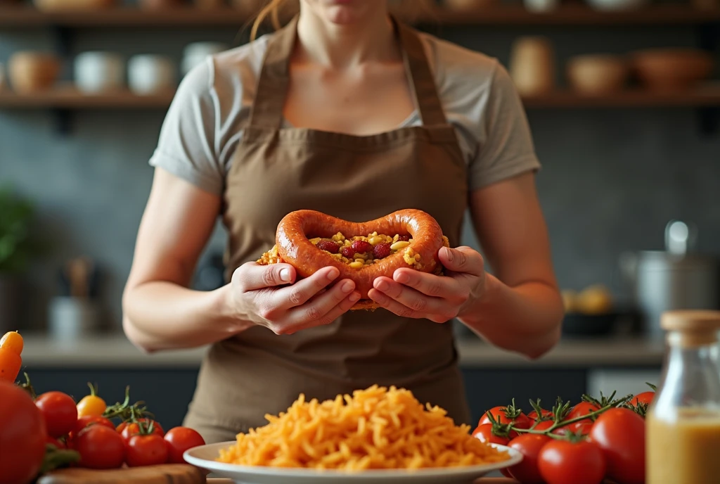 Heaps of food in both hands,muscular woman Eating penis shaped sausage battle contest,in kitchen stadium,