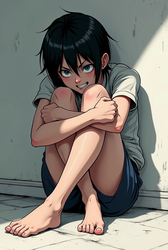 a manga style image, Henri is sitting on the floor, hugging their own legs.
The fist closes, the expression of anger forms on the face.