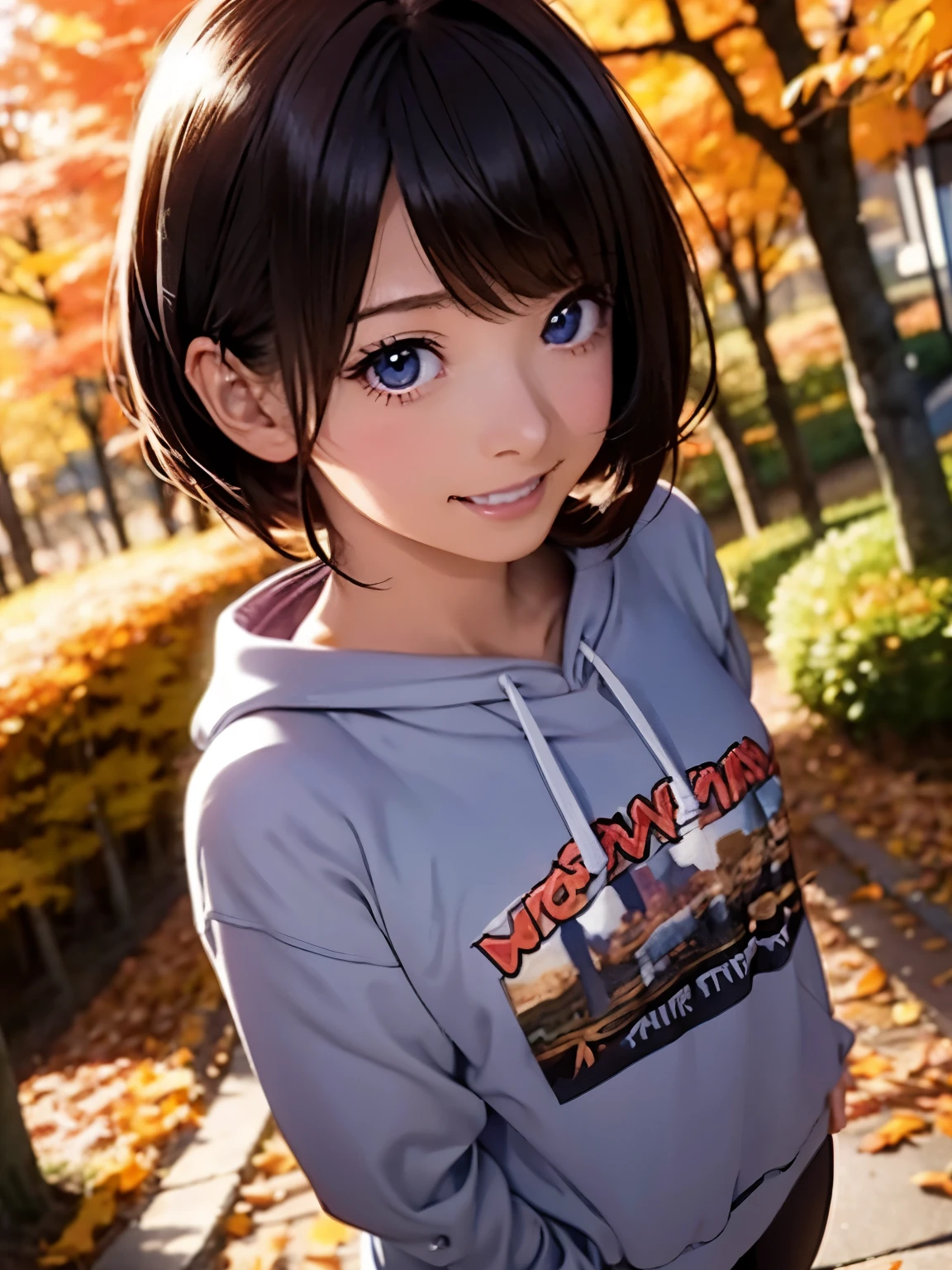 High resolution, 8k, Highest quality, detailed, Semi-realistic anime, Anime 3D Style, Smooth anime CG, One Girl, A 20-year-old Japanese woman, slim, Modeled, Shiny brown hair, detailedな顔, Beautiful and detailed, Glowing Skin, Hard Focus、Film Grain, Soft lighting, Looking at the audience, Laughter, (Woman wearing a sweatshirt and leggings), Autumn mountain path with autumn leaves、A small path where sunlight filters through the trees