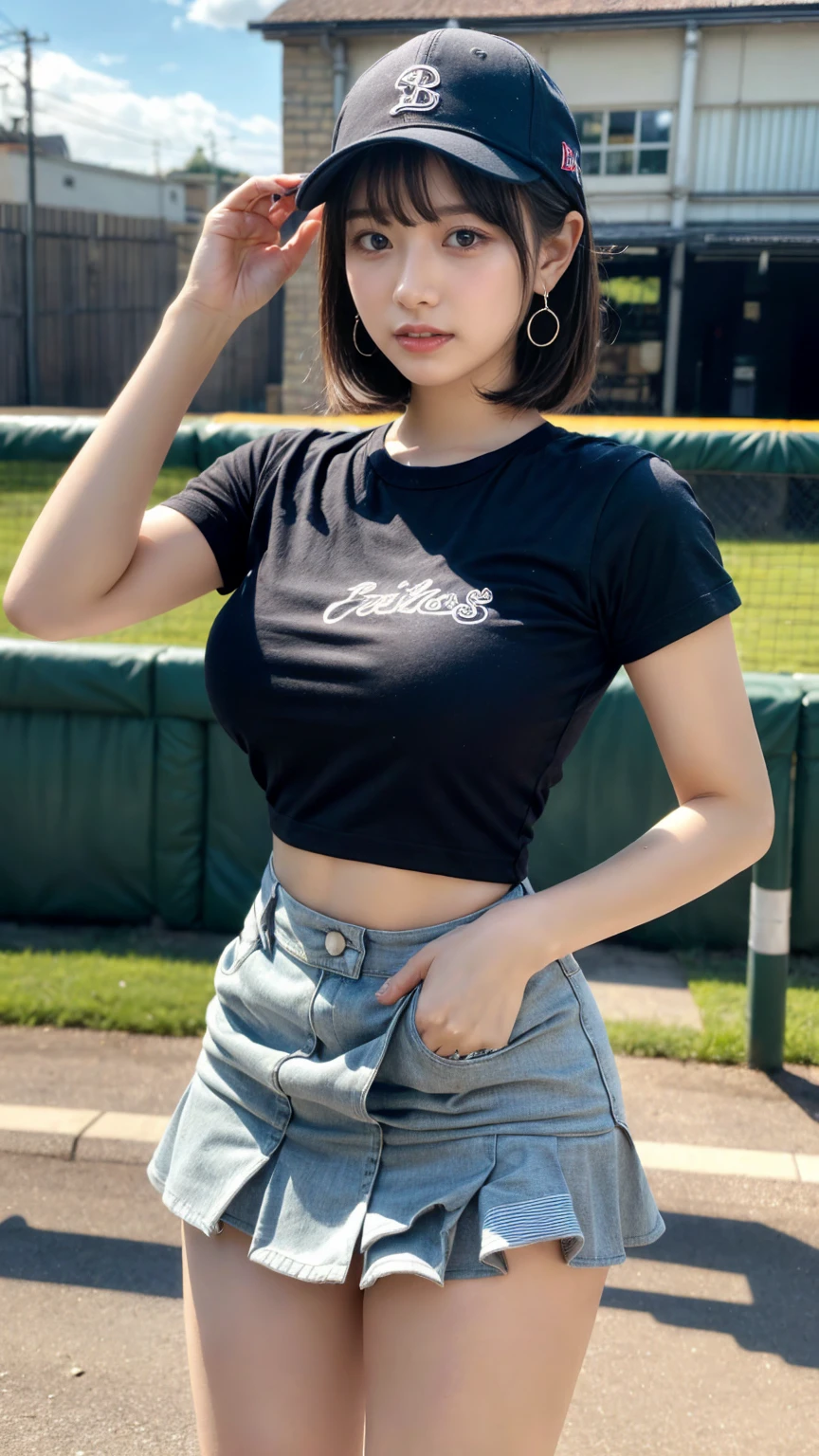 masterpiece, best quality, illustration, Super detailed, fine details, High resolution, 8K,wall paper, perfect dynamic composition,(Details High quality, realistic depiction of eyes:1.3), baseball cap, earrings, (black t-shirt), (mini skirt), short bob hair, black hair color, Big Natural Color Lip, sexy pose, (perfect body shape), crying a little、Harajuku style、20 year old girl、cute type、lolita, hposing Gravure Idol, full body photo、focus on crotch, huge breasts