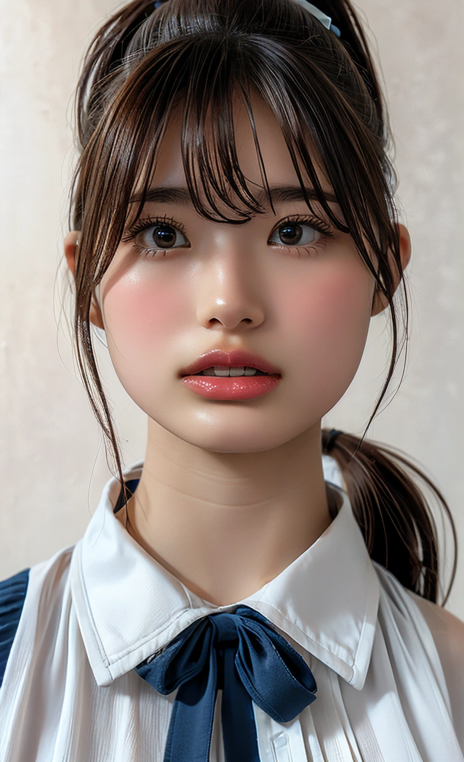(Highest quality、Tabletop、、Best image quality、Award-winning works)、e schWhite polyester collared shirt、Short sleeve:1.4)、(Navy Pleated Skirt:1.1)、Portrait of、Glowing Skin、Brown Hair、Are standing、Sculpture Pose、(The simplest pure white background:1.1)、(Extremely large face and larger breasts:1.8)、Accentuate your body lines:1.1)、Very large red ribbon tie、((High point ponytail:1.35))、smile、((naked))