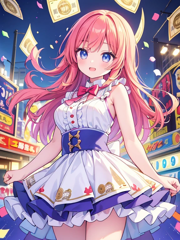1girl, cute, {((lottery tickets)), jackpot in the lottery}, (delighted:1.4), put your hands behind your back, ((get rich)), play extravagantly, confetti, cowgirl shot, ((best quality), (masterpiece:1.2), (extremely detailed)), perfect face, perfect arms, perfect hands, perfect fingers, anime, ultra-fine illustration, vibrant colors, dramatic lighting, (photorealistic:1.37),