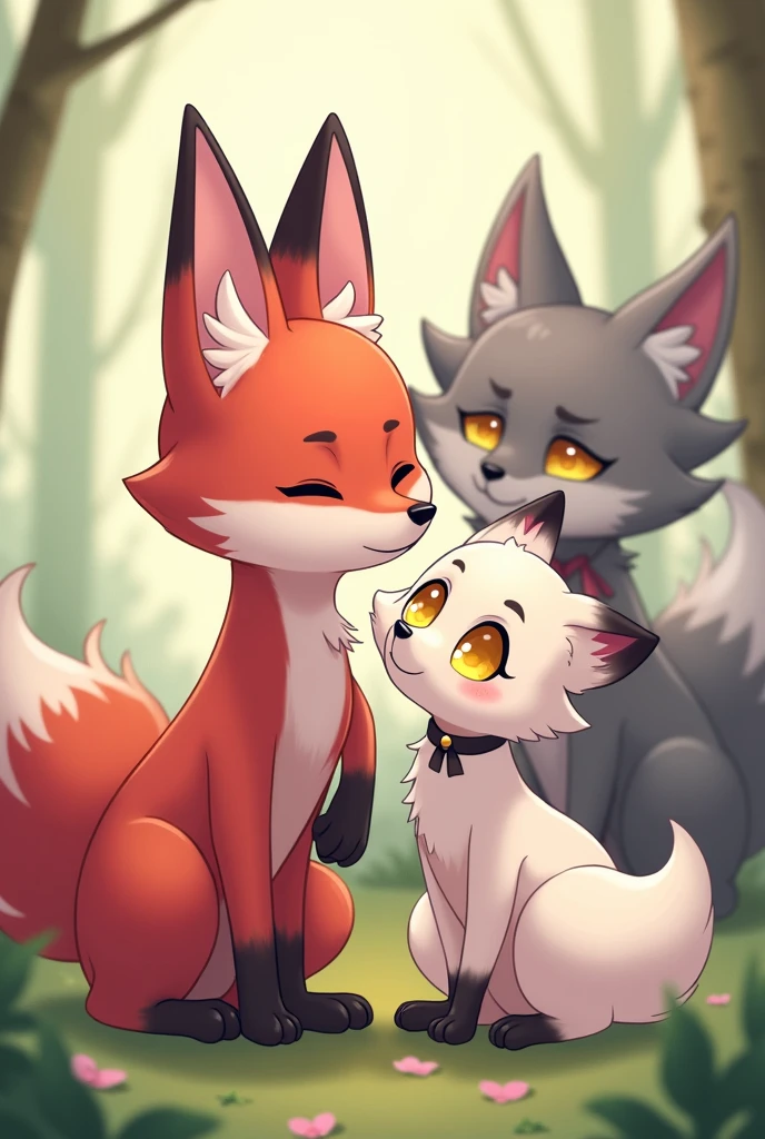 Red and pink Kemono fox male cute and a cute white fennec Kemono fox with yellow eyes black bow and necklace female in love and cute Kemono grey wolf in background upset and jealous