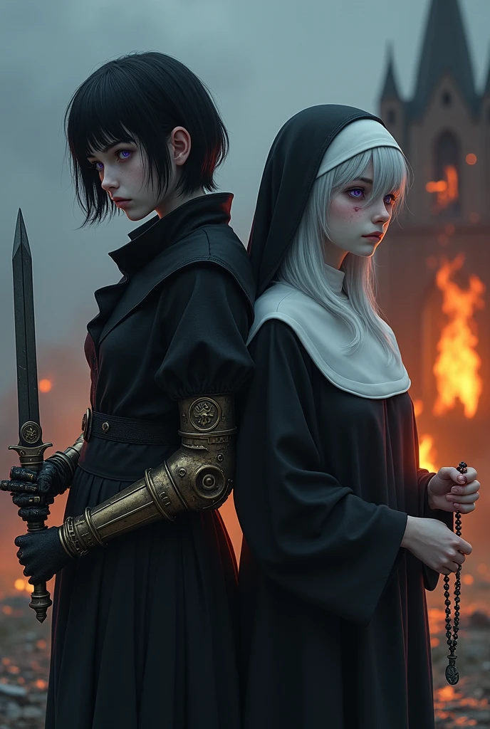 Two pale middle-aged girls back to back with violet eyes, with the one on the left wearing dark alchemist clothes and with the left arm with a steampunk prosthesis holding a dagger with the symbol of Baphomet, short black hair with a cut on the face, and the one on the right in white nun's clothes holding a rosary with closed eyes and long white hair with a church in flames behind at nightfall.