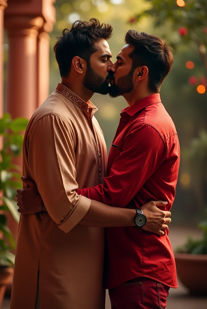 Sexy Pakistani guy who is wearing shalwar kameez kissing full mouth to mouth to a Indian Hindu hot sexy guy who is wearing red dress shirt and red jeans