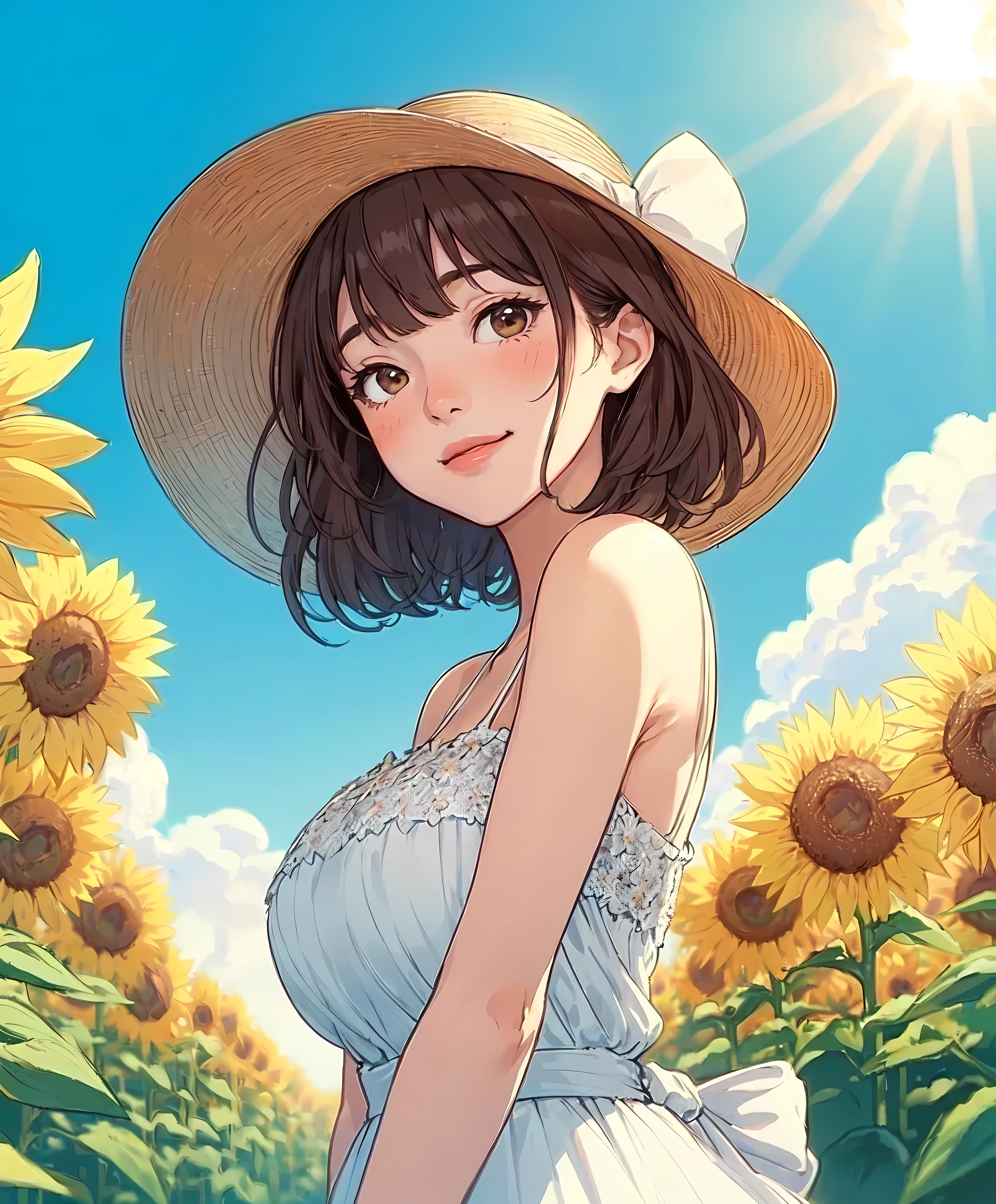 1lady solo, (looking back) (from behind), (from below), stylish outfit (refreshing attire), (sundress) (straw hat), (mature female:0.8), /(brown hair/) bangs, blush kind smile, (masterpiece best quality:1.2) delicate illustration ultra-detailed, large breasts BREAK (vibrant sunflower field) outdoors, blue sky, sunlight, detailed background