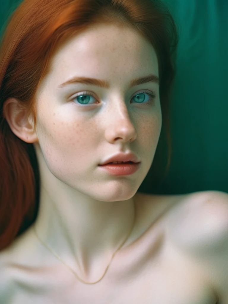 masterpiece of analog film photograph a girl,taken Kodak Portra,8K,UHD,red head,russian 25 yo girl, lage breasts,green eyes,skin pores,skin texture.
