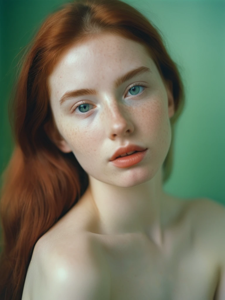 masterpiece of analog film photograph a girl,taken Kodak Portra,8K,UHD,red head,russian 25 yo girl, lage breasts,green eyes,skin pores,skin texture.
