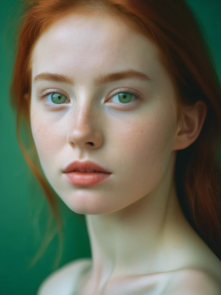 masterpiece of analog film photograph a girl,taken  Kodak Portra,8K,UHD,red head,russian 25 yo girl, lage breasts,green eyes,skin pores,skin texture.