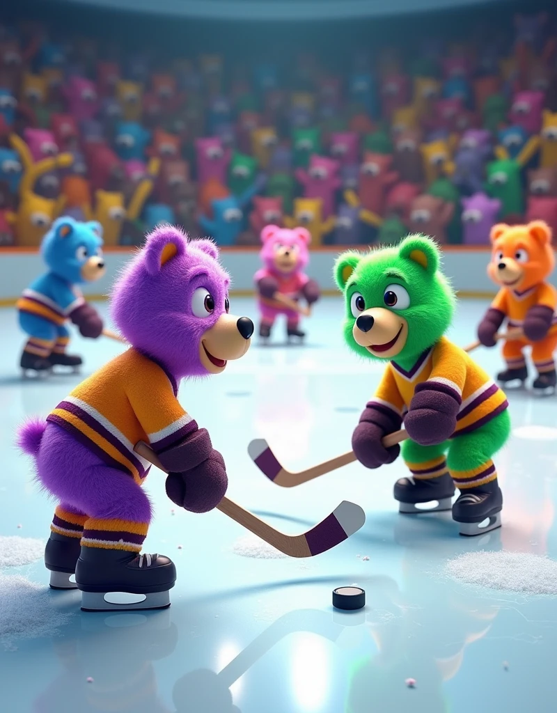 A whimsical scene of animated, friendly-looking bears engaging in an ice hockey game. These aren't ordinary bears though, they're brightly colored - there's a vibrant purple bear and a neon green one, both with cheerful, friendly smiles. They're dressed in classic ice hockey uniforms, complete with pads, helmets, and skates, and are on a sleek, polished ice rink. One bear is trying to score a goal with a puck, while others are spread strategically across the rink, some trying to defend their goal, others ready to steal the puck. One even serves as a goalie, sporting an entertainingly oversized catcher's mitt. In the background, a crowd of similar multicolored bears enthusiastically cheers, making for a charming and lively atmosphere.