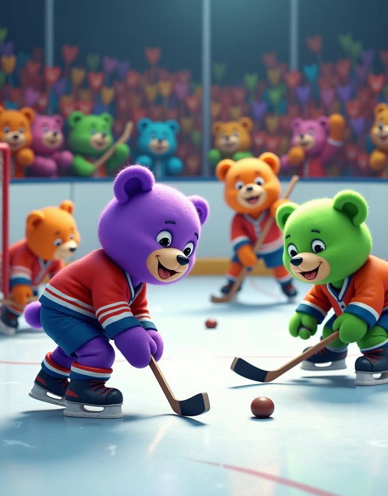 A whimsical scene of animated, friendly-looking bears engaging in an ice hockey game. These aren't ordinary bears though, they're brightly colored - there's a vibrant purple bear and a neon green one, both with cheerful, friendly smiles. They're dressed in classic ice hockey uniforms, complete with pads, helmets, and skates, and are on a sleek, polished ice rink. One bear is trying to score a goal with a puck, while others are spread strategically across the rink, some trying to defend their goal, others ready to steal the puck. One even serves as a goalie, sporting an entertainingly oversized catcher's mitt. In the background, a crowd of similar multicolored bears enthusiastically cheers, making for a charming and lively atmosphere.