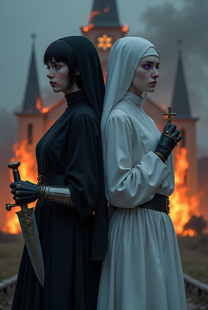 Two pale middle-aged girls back to back with violet eyes, with the one on the left wearing dark alchemist clothes and with the left arm with a steampunk prosthesis holding a dagger with the symbol of Baphomet, short black hair with a cut on the face, and the one on the right in white nun's clothes holding a rosary with closed eyes and long white hair with a church in flames behind at nightfall.