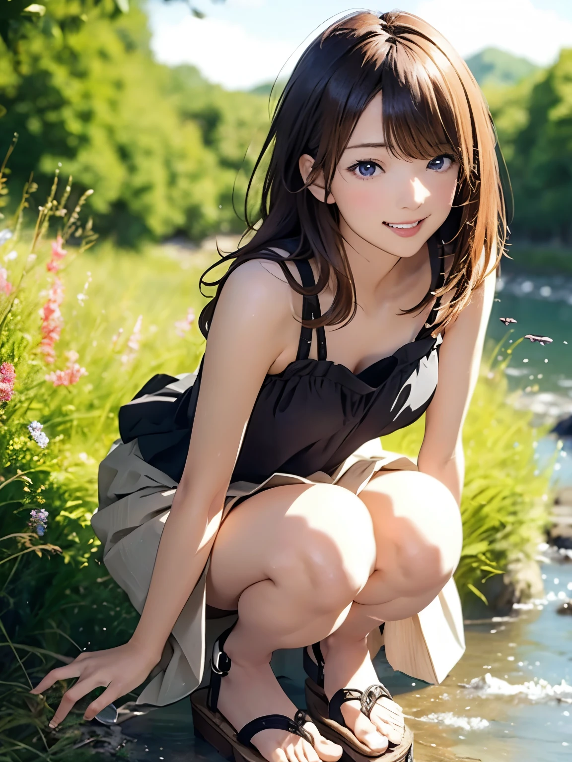 High resolution, 8k, Highest quality, detailed, Semi-realistic anime, Anime 3D Style, Smooth anime CG, One Girl, A 20-year-old Japanese woman, slim, Modeled, Shiny brown hair, detailedな顔, Beautiful and detailed, Glowing Skin, Hard Focus、Film Grain, Soft lighting, Looking at the audience, Laughter, (A woman wearing a loose skirt and sandals), Country road in early summer、Scenery of wildflowers blooming by the river swaying in the wind