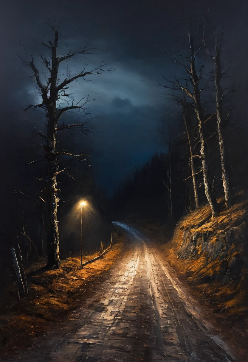 painting of ablocked road in dry black forest, dark atmosphere, cinematic scene, volumetric lights, ultra realistic, in the style of nicola samori