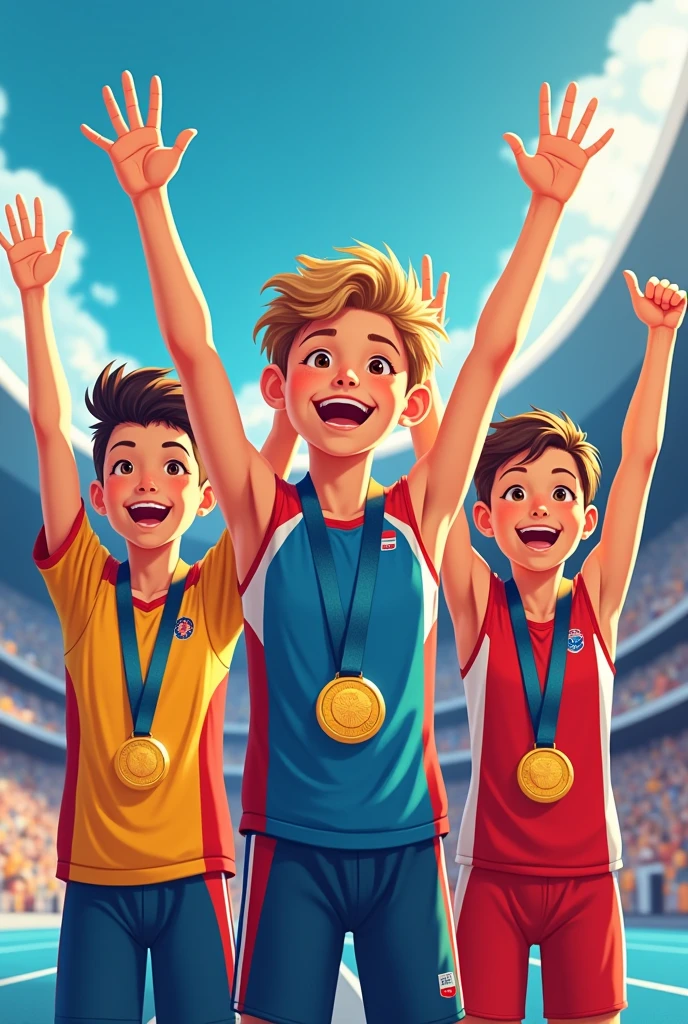 A poster depicting children in Olympic clothing winning a medal