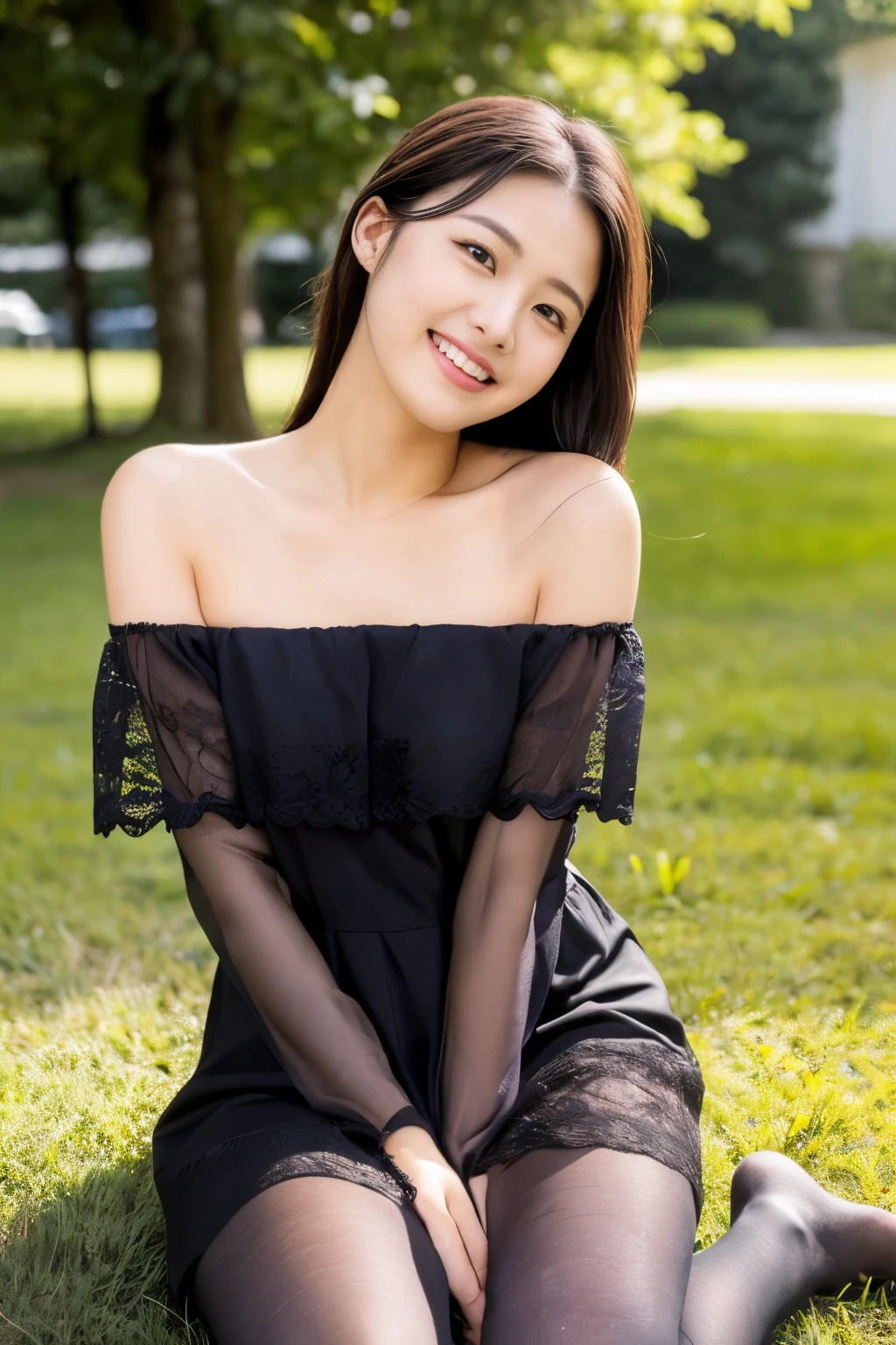 ulzzang-6500-v1.1, (RAW Photos:1.2), (Photorealistic),(Genuine: 1.4), Popular actress、 (A black lace off-the-shoulder dress:1.3)、(Ultra-realistic pantyhose:1.2), game_Hmph, Ultra-realistic skin texture、Shiny skin、Bare thighs!!!、A shy smile、Sit on the grass、Pose for shooting、sunlight、A quiet park、