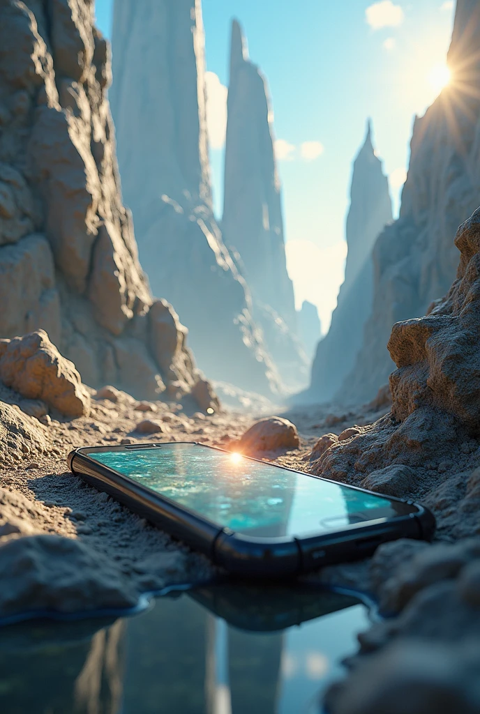 A mobile phone screen from which 3d monuments emerge