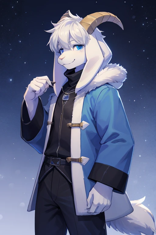 a man, alone, Asriel, Undertale, smiling, eskimo coat, blue coat, tall, furry, blue eyes, black blouse with sleeves, dark pants, goat paw, paw with metacarpal, short rabbit tail, hair, hair and bangs on the right side.